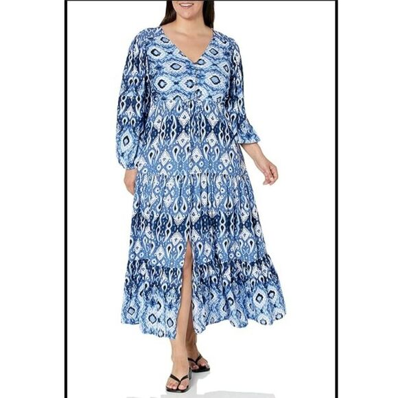 Avenue Elouise V-neckline Relaxed Maxi Dress Geometric Print Summer Praire - 16 - Picture 1 of 12